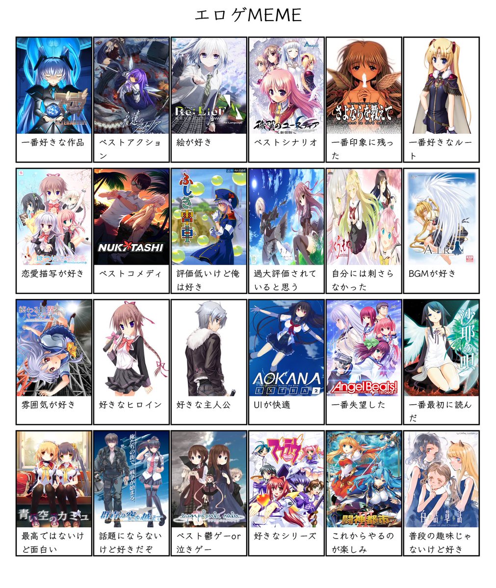 utaho_novel's tweet photo. #エロゲMEME
 作ってみたよ
個人的には何かひとつ秀でた要素を持ってる作品に惹かれてる気がする https://t.co/B2Q5l4cOlK