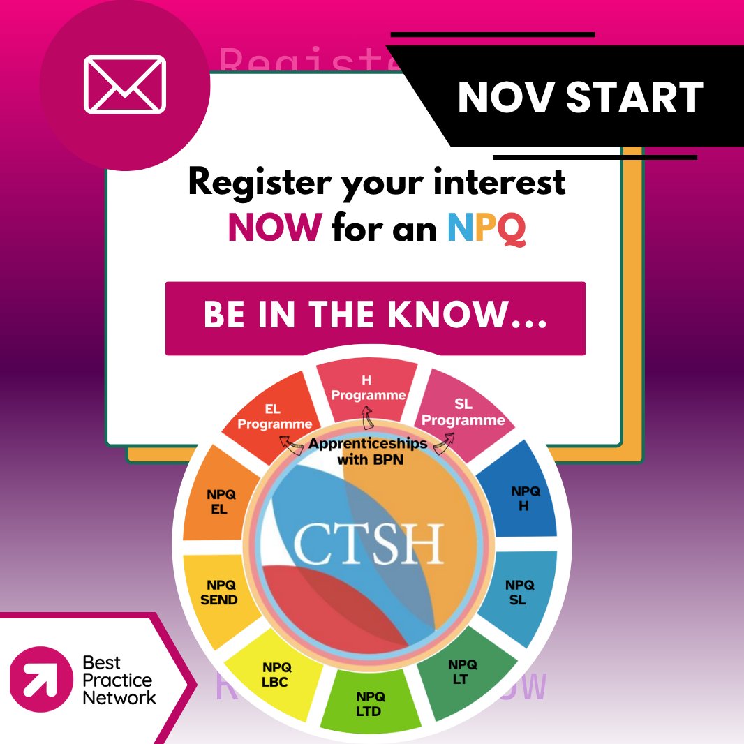 Chiltern Teaching School (@chilterntsh) on Twitter photo ⏱️Time to register your interest
➡️NOW
📚To do any of the incredible NPQs.
💫November start confirmed!
<a href="/bestpracticenet/">BestPracticeNetwork</a>
bestpracticenet.co.uk/npq ⏱️Time to register your interest
➡️NOW
📚To do any of the incredible NPQs.
💫November start confirmed!
<a href="/bestpracticenet/">BestPracticeNetwork</a>
bestpracticenet.co.uk/npq
