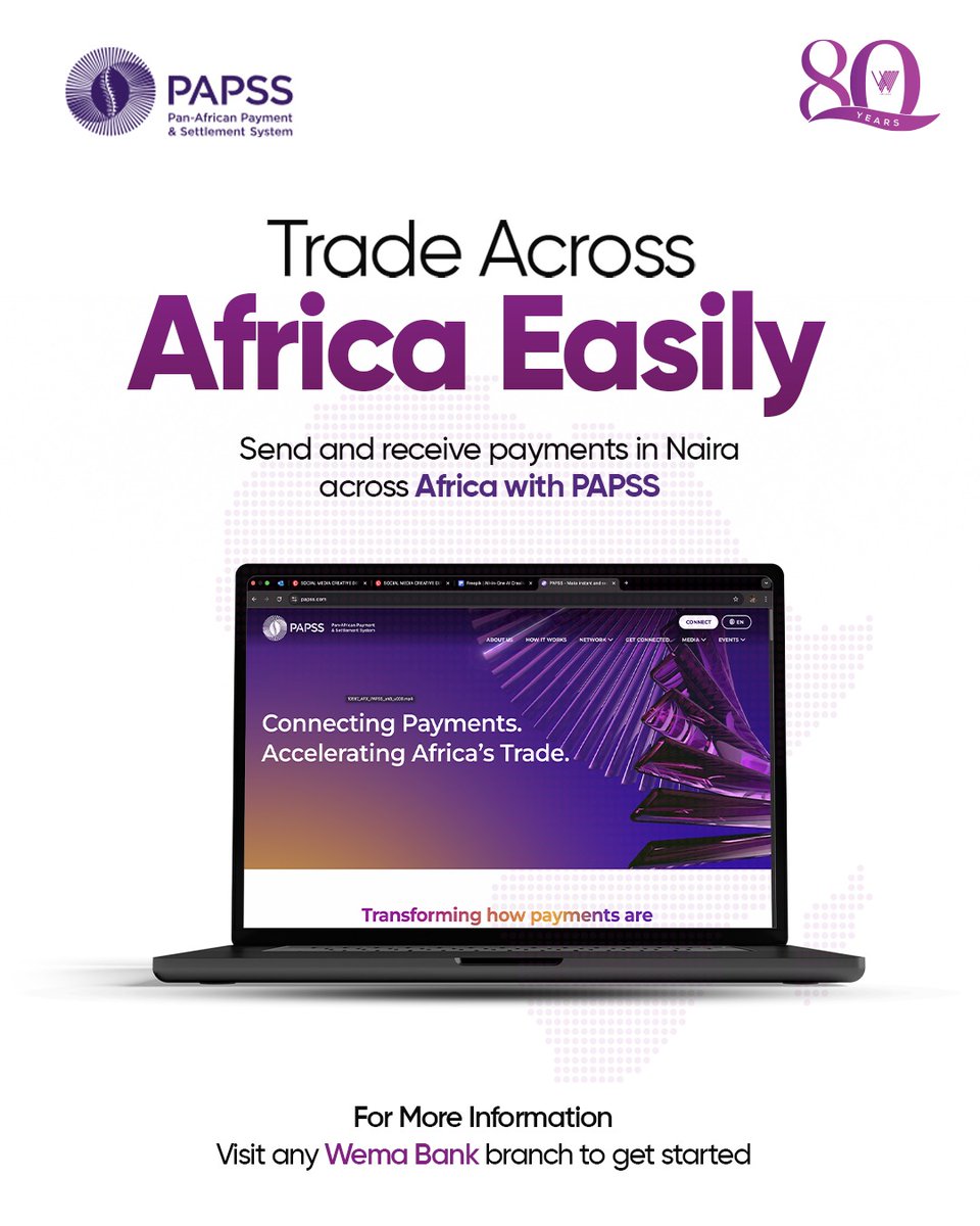 Trade without borders! 

Send and receive payments in Naira across Africa with ease using PAPSS — available at Wema Bank.

Visit any Wema Bank branch closest to you to get started 

#Wemabank #PAPSS #AfricaTrade #SeamlessPayments #BankingMadeEasy