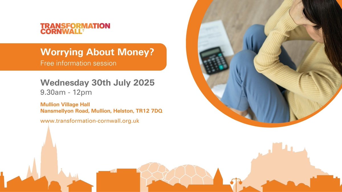 Worried about money? Or supporting others who are?

Join us for an info session at Mullion Village Hall in #Helston on Wed 30 Jul from 9.30am

Drop in for a cuppa &amp; find out about free support on money, food &amp; wellbeing in Cornwall.
Open to all! More info: tinyurl.com/4kun962h