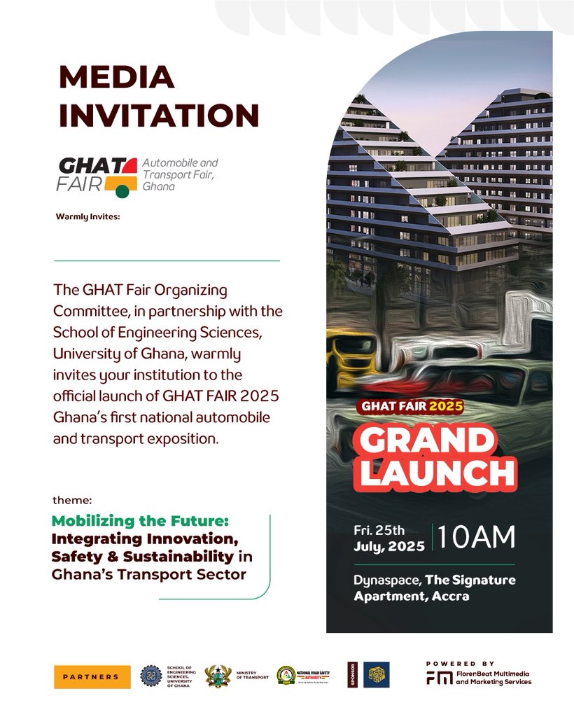 GHATFAIR's tweet photo. 🎙️ Media Houses & Creators!
Cover GHATFAIR 2025 — Ghana’s biggest Auto & Transport Fair. Be part of the story.
📍 Dynaspace, Signature Apartments, Accra
📞 054 666 0320 | sponsorship@ghatfair.com
#GHATFAIR2025 #MediaInvite #GhanaAuto https://t.co/4rgYSErSSt