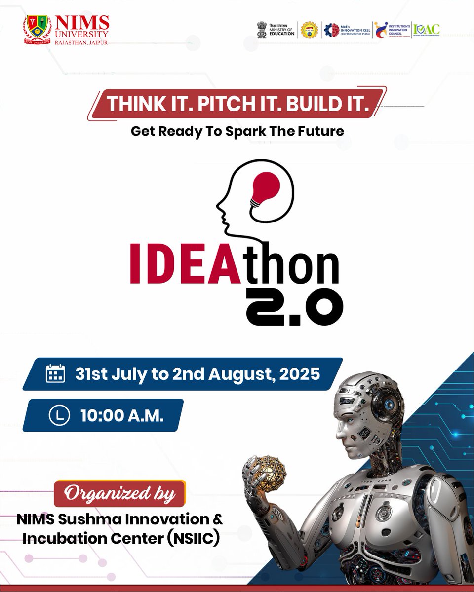 NIMS University (@nimsuniversity) on Twitter photo Get ready to spark the future with innovation, creativity, and collaboration!
NIMS Sushma Innovation & Incubation Center (NSIIC) proudly presents ๐๐๐๐๐ญ๐ก๐จ๐ง ๐.๐ โ a powerful platform to bring your groundbreaking ideas to life!
Join us in building the next big thing. Your Get ready to spark the future with innovation, creativity, and collaboration!
NIMS Sushma Innovation & Incubation Center (NSIIC) proudly presents ๐๐๐๐๐ญ๐ก๐จ๐ง ๐.๐ โ a powerful platform to bring your groundbreaking ideas to life!
Join us in building the next big thing. Your
