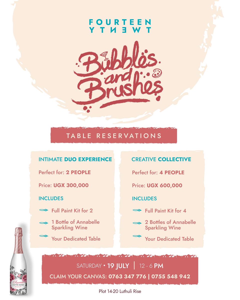 This is your sign to do something different this Saturday 

#BubblesAndBrushes <a href="/fourteentwenty0/">Fourteen Twenty</a> 

Paint 🎨 &amp; Sip Annabelle Cuvée Rosé champagne  🍾 with your friends with RNB + Old Skool Music all Day . 

Claim Your Canvas : 0763 347 776 | 0755 548 942 .