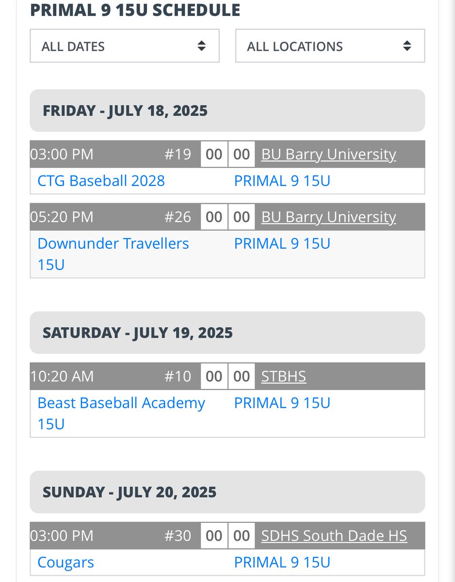 6th and final official tournament of the summer <a href="/PSBaseballinc/">Prospect Select</a> Miami Open. Here is the schedule. #collegebound #miami <a href="/BarryUBaseball/">BarryU Baseball</a> <a href="/FIUBaseball/">FIU Baseball</a> <a href="/GyreneBaseball/">Ave Maria Baseball</a> 
<a href="/MDCSHARKS/">MDC Athletics</a> 
<a href="/CanesBaseball/">Miami Hurricanes Baseball</a> 
<a href="/STU_Baseball/">STU Baseball</a> 
<a href="/NSU_Baseball/">NSU Baseball</a> <a href="/FAUBaseball/">Florida Atlantic Baseball</a> <a href="/GoFmuLions/">FMU Lions Athletics</a> <a href="/FSWBucs/">Florida SouthWestern Buccaneers</a> <a href="/FGCU_Baseball/">FGCU Baseball ⚾️</a>
