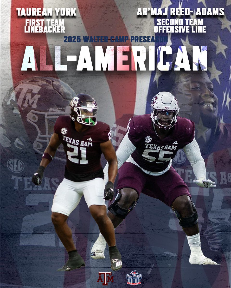WalterCampFF's tweet image. In case you missed it - the nation's oldest All-America team has selected its 2025 Preseason All-Americans.
Did you know: Former Aggie defensive end Myles Garrett was a two-time Walter Camp First Team All-American (2015 and 2016).