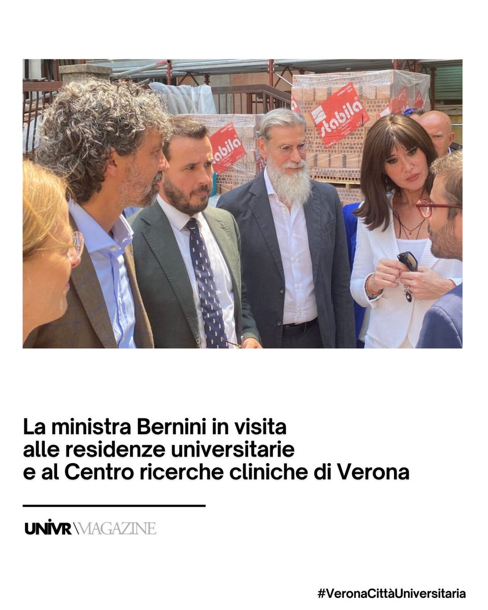 UniVerona's tweet photo. La ministra dell’Università e della Ricerca, @BerniniAM , nella giornata di lunedì 14/7, ha visitato i cantieri delle nuove residenze universitarie ESU di Verona e, a seguire, il Centro ricerche cliniche di Borgo Roma > https://t.co/ctk1bjldgh | #UnivrMagazine https://t.co/zMoosVUITy