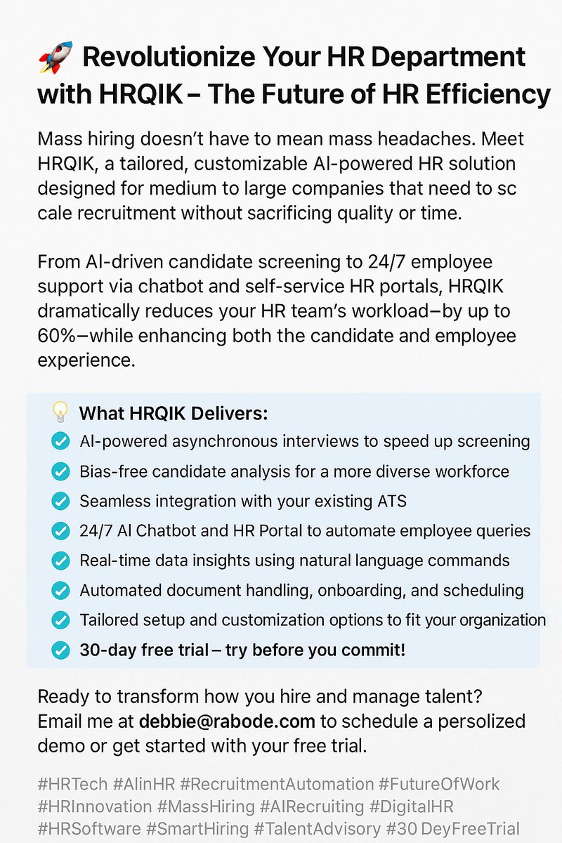 🚀 Streamline mass hiring with HRQiK – your AI-powered HR co-pilot!
✅ 24/7 chatbot
✅ AI interviews
✅ Bias-free screening
✅ Seamless ATS integration
🎯 30-day free trial!
DM for more information.
#HRTech #AIinHR #SmartHiring #MassHiring #RecruitmentAutomation #FutureOfWork