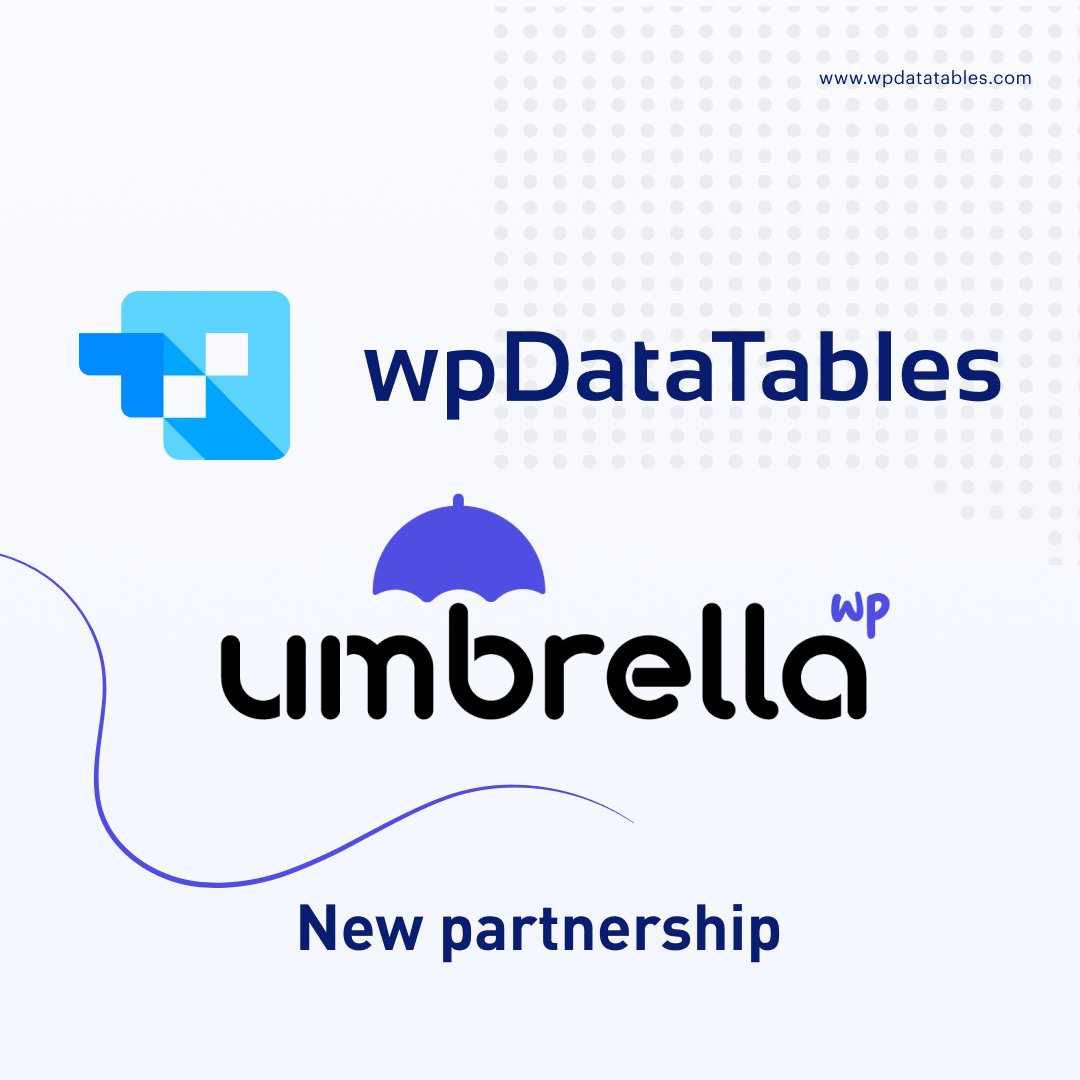 wpDataTables (@wpdatatables) on Twitter photo We’re thrilled to announce our official partnership with <a href="/wpumbrella/">WP Umbrella ⓦ</a>
To celebrate, new users get 1 month FREE on WP Umbrella!
Just use the code UmbrellaMonth at checkout. We’re thrilled to announce our official partnership with <a href="/wpumbrella/">WP Umbrella ⓦ</a>
To celebrate, new users get 1 month FREE on WP Umbrella!
Just use the code UmbrellaMonth at checkout.