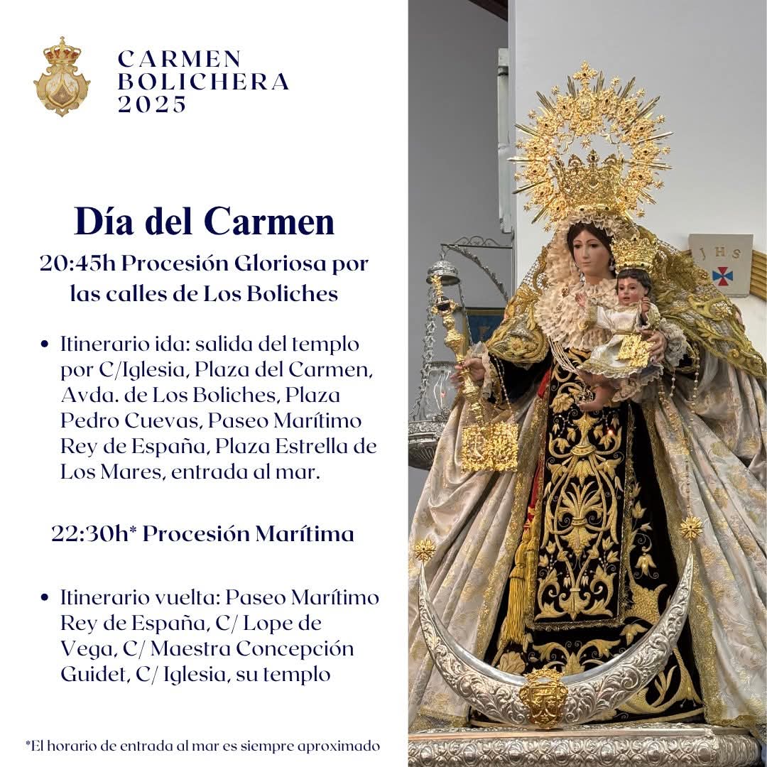 Las hermandades del Carmen de nuestra ciudad realizarán, esta tarde-noche, su procesión triunfal y la bendición de las aguas. 

Estos son los recorridos de <a href="/CarmenFuengirol/">Carmen Fuengirola</a> y <a href="/HdadCarmenBolic/">HdadCarmenBolichera</a> para hoy.

#AgrupaciónFuengirola #ElCarmen2025