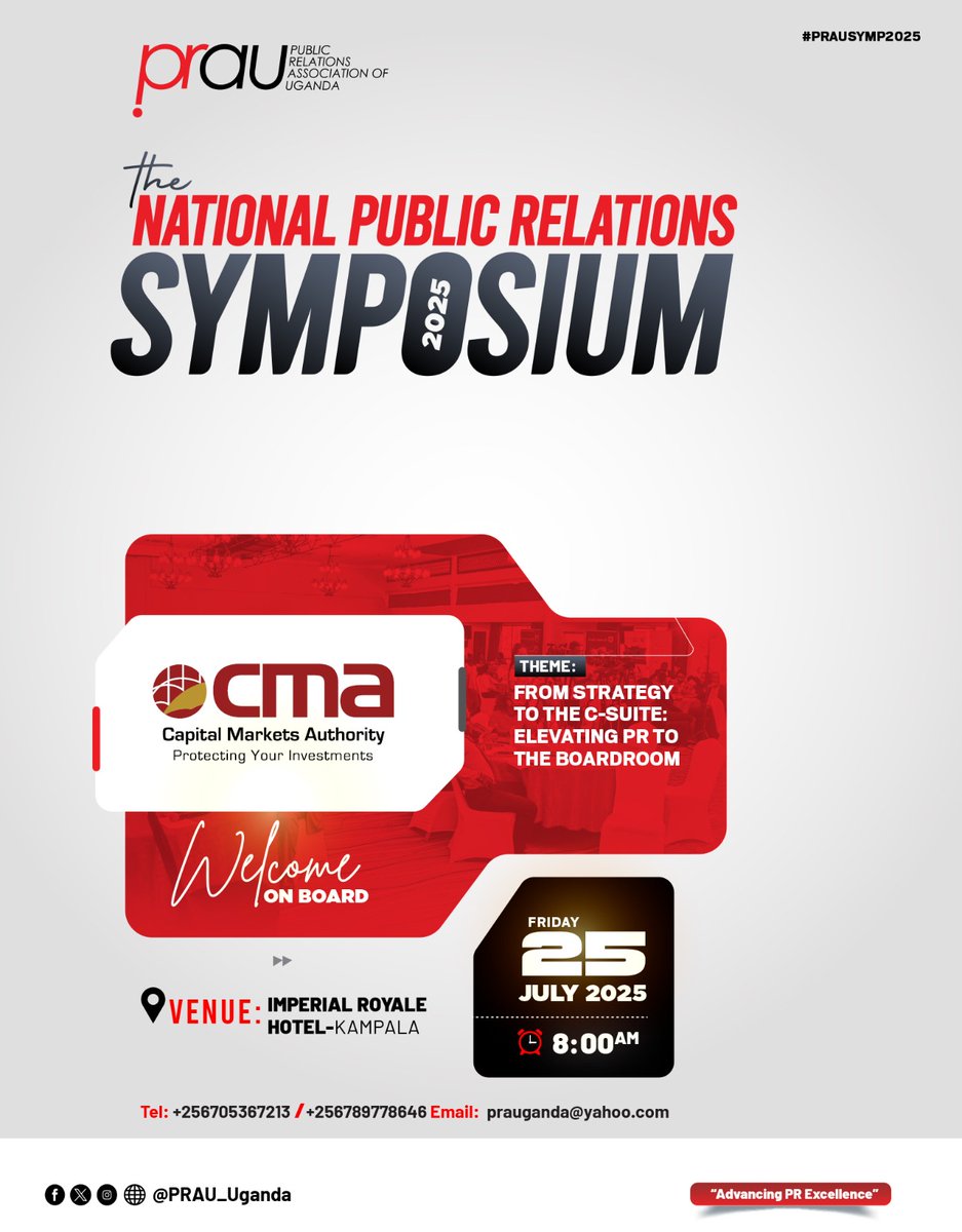PRAU-Uganda (@prau_uganda) on Twitter photo Welcome <a href="/CmaUganda/">CMA Uganda</a> as one of our sponsors of this yearโs National Public Relations Symposium 2025.
We are super excited to walk this journey with you as we drive conversation on the evolving role of PR in corporate leadership
#PRAUPRSymposium25 #NPRS25 #NationalPRSymposium25. Welcome <a href="/CmaUganda/">CMA Uganda</a> as one of our sponsors of this yearโs National Public Relations Symposium 2025.
We are super excited to walk this journey with you as we drive conversation on the evolving role of PR in corporate leadership
#PRAUPRSymposium25 #NPRS25 #NationalPRSymposium25.