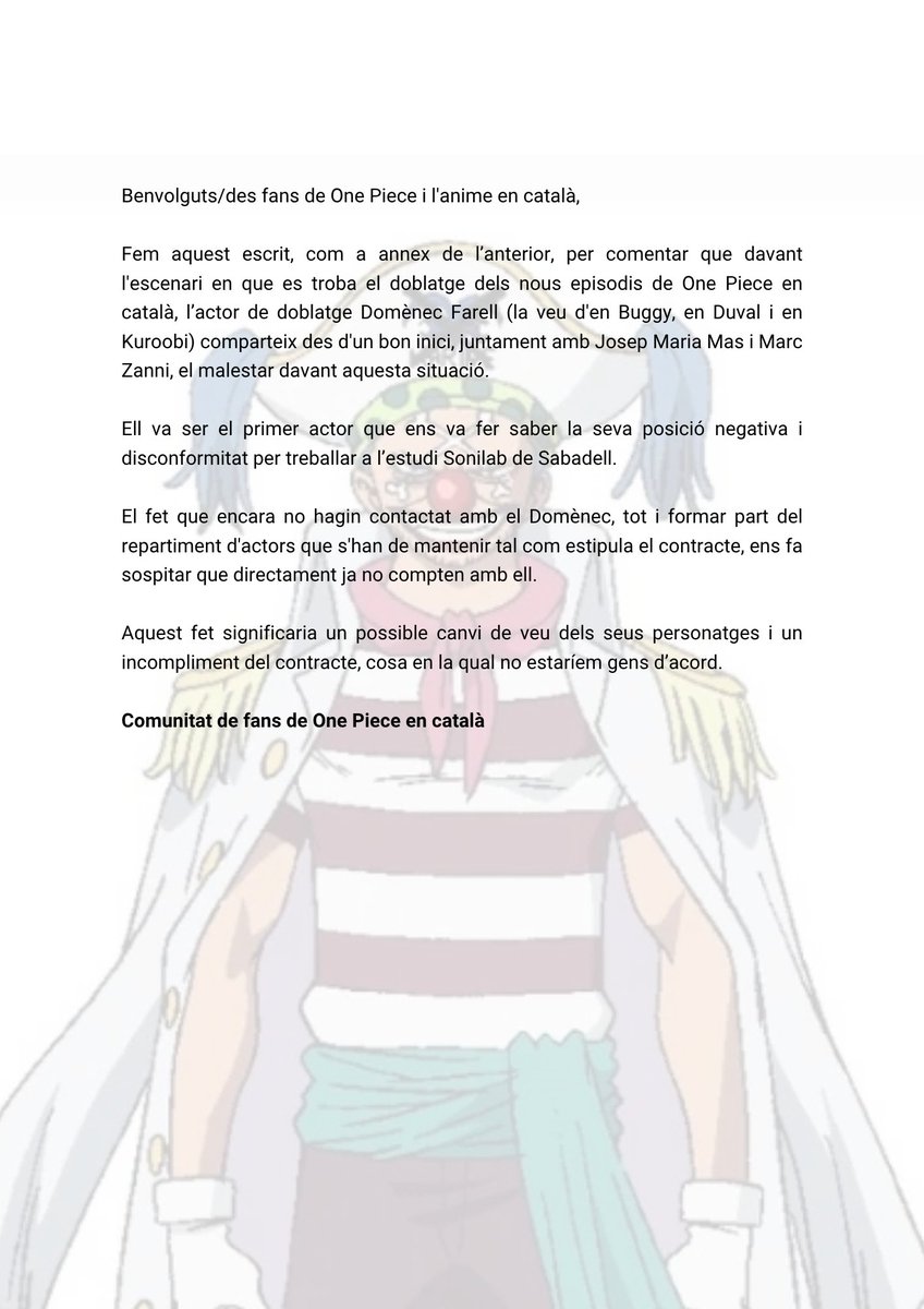 salvemopcat's tweet image. Tot el nostre suport a Domènec Farell, un altre dels actors afectats per la situacio del doblatge dels nous episodis de One Piece en català i el precursor d'aquesta lluita.
@som3cat #onepiececatalà