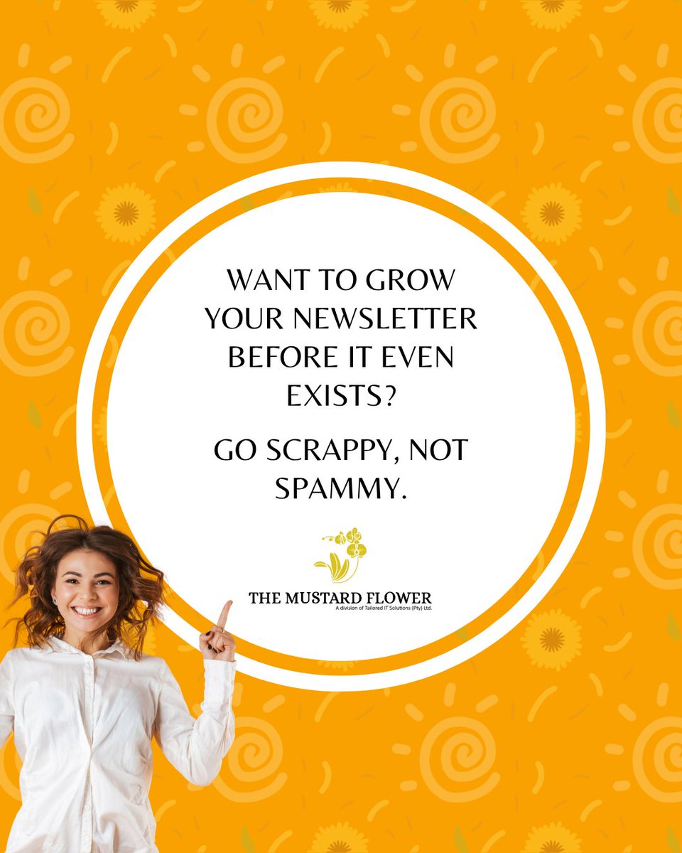 mustardflowerza's tweet image. 🚨 Want to grow your newsletter before it even exists? Go scrappy, not spammy.

Here’s how:

1. Talk now, build later

2. Borrow someone else’s stage

3. Cross-promote with intention

4. Give away the good stuff

#NewsletterTips #ContentMarketing  #ScrappyMarketing #EmailGrowth