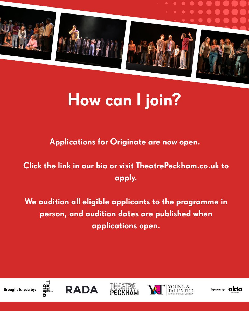 Originate applications open now for 17-23 year olds! 🙌🏾 Originate is a free intensive eight-month programme that prepares young actors for Drama School and the industry #LinkInBio to apply!

#TheatrePeckham #Peckham #SouthLondon #Southwark #Actors #Acting #ActingClasses #under25