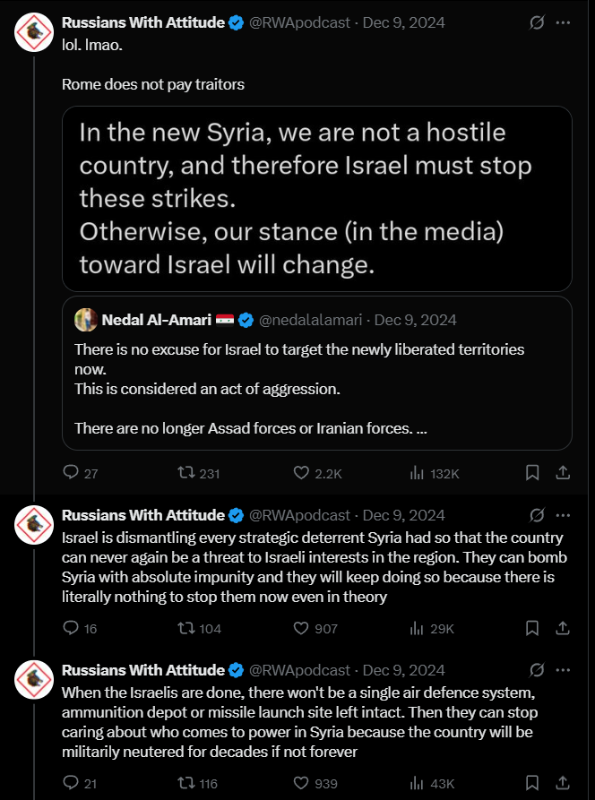 None of this is any way surprising or unexpected. Israel has achieved its main goal in Syria. They can now bomb anyone and anything in the country with total impunity, because there is simply nothing the "new" "Syrian" "regime" could possibly do against it.

Israel never