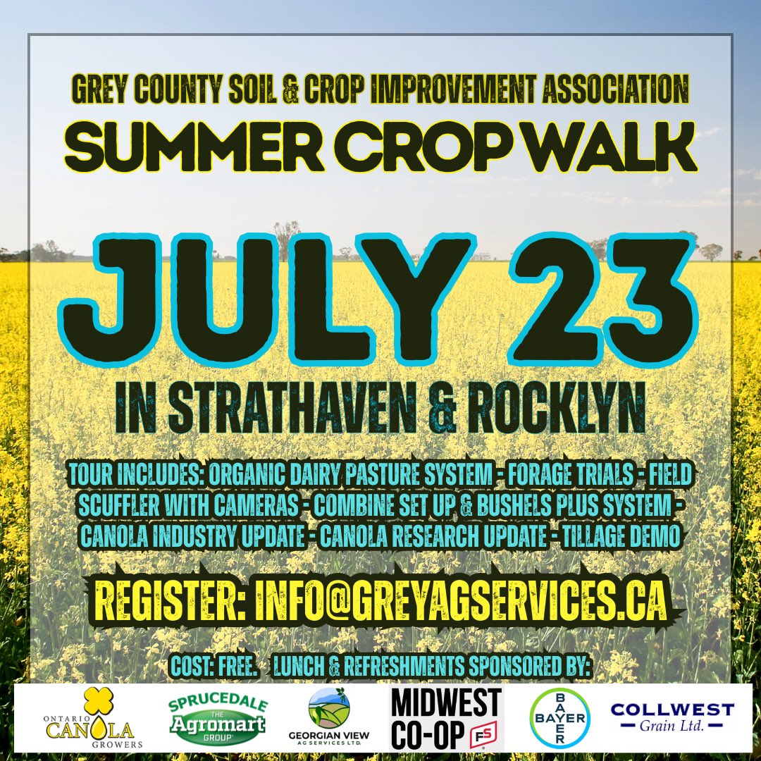 Coming up next week. Live demo of scuffler with camera, BushelsPlus demo and setting up combines to limit harvest losses in canola. Should be a great day. 
Register at info@greyagservices.ca
<a href="/OntCanolaGrower/">Ontario Canola</a>  <a href="/GreyAgServices/">GreyAgServices</a>