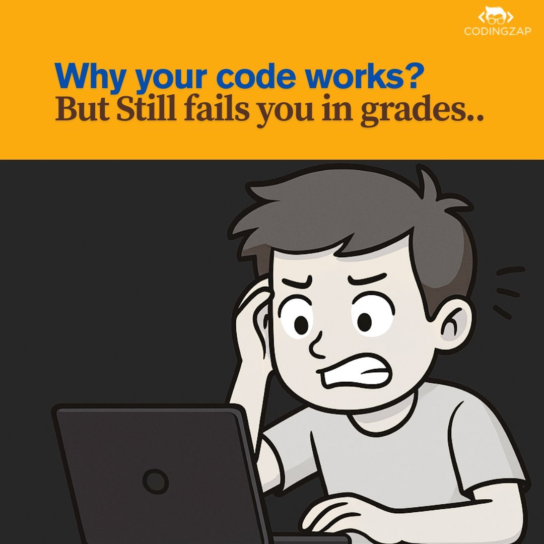 codingzaptech's tweet image. You hit "run", and the output's correct. But then... low grades. Here's what your professor is actually grading -Clarity ,Comments Structure, and Efficiency. At @codingzaptech, we help you bridge the gap between working code and scoring code.#CodingZap #CodingJourney #CodingHelp