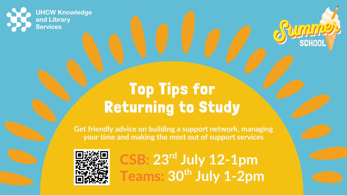 The first sessions in our Summer School series kick off next week with 'Top Tips for Returning to Study'. Join us for a friendly introduction to the services that can support you on your journey. Available in-person and online.
Book your place here: forms.cloud.microsoft/e/wkxK3zXDmX