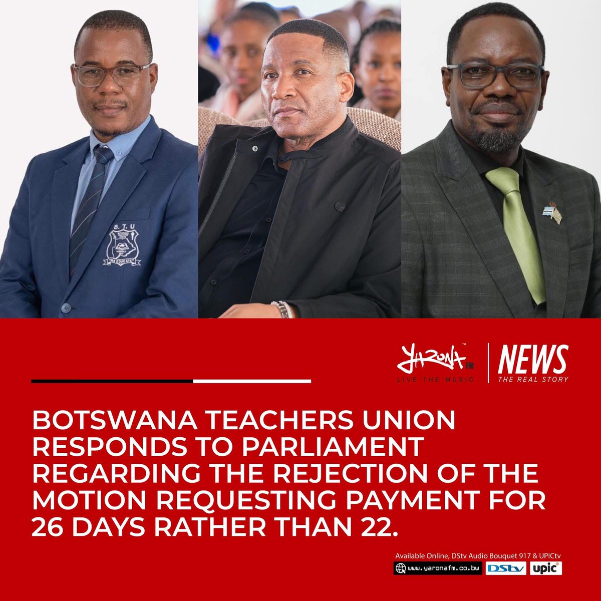 yaronafm's tweet image. The Botswana Teachers Union is disappointed that parliament rejected a motion which called for teachers to be paid for 26 days instead of 22 days.

Union Publicity Secretary, Innocent Puso said if government could adopt this, a number issues, such as the demand for overtime.