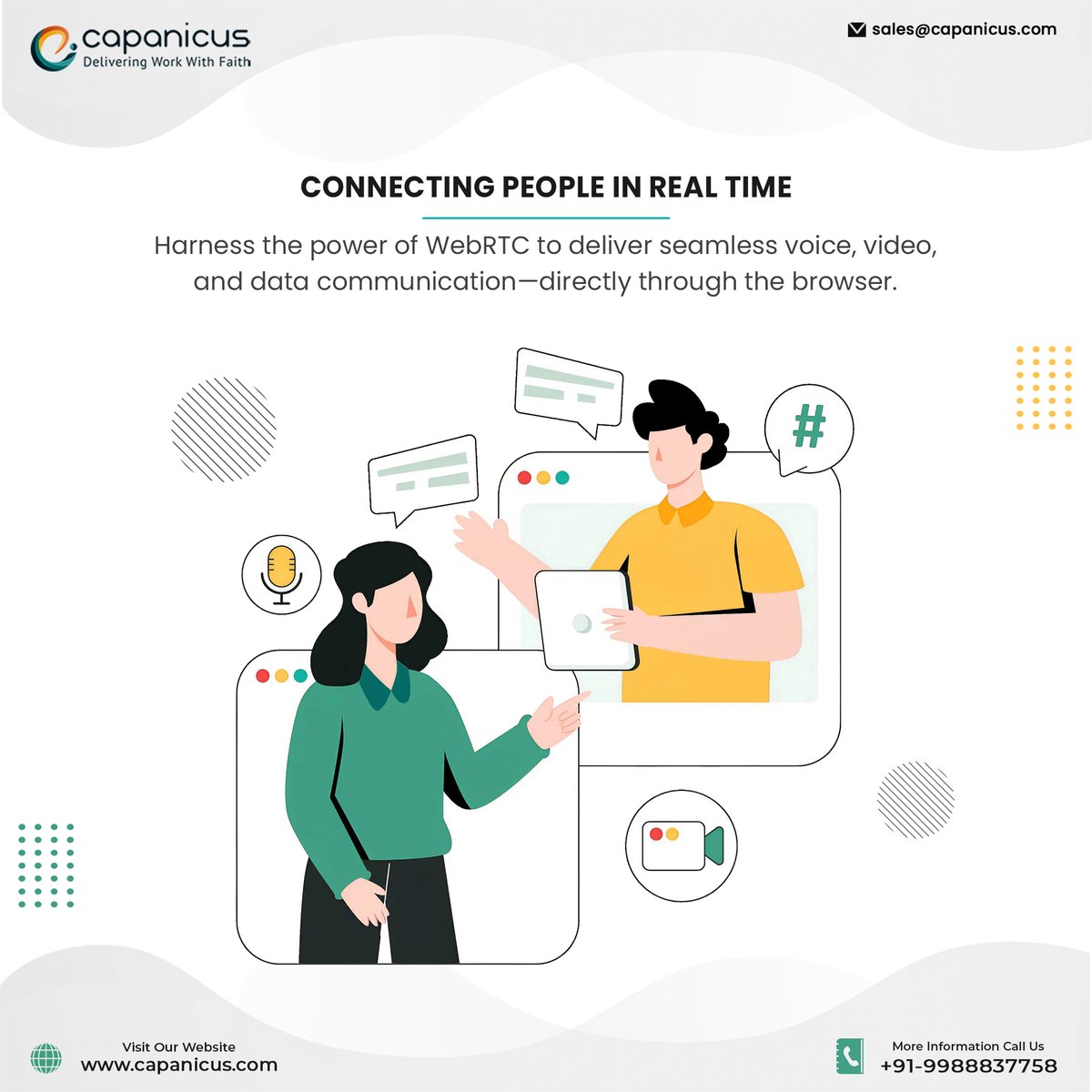 Capanicus's tweet image. 💻Capanicus builds custom WebRTC applications for real-time engagement and smarter communication.

#WebRTCDevelopment #RealTimeCommunication #VoIP #VideoChatApp #BrowserBasedApps #Capanicus #TechSolutions