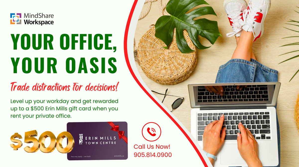 MindShareWork's tweet image. 🌿 Your Office, Your Oasis 🌿
Find focus, comfort, and community at Mindshare Workspace — where productivity meets peace.

Sign up and you could win a $500 gift card! 🛍️
#MindshareWorkspace #CoworkingOasis #WorkBetter #OakvilleWorkspace @mindsharelearn