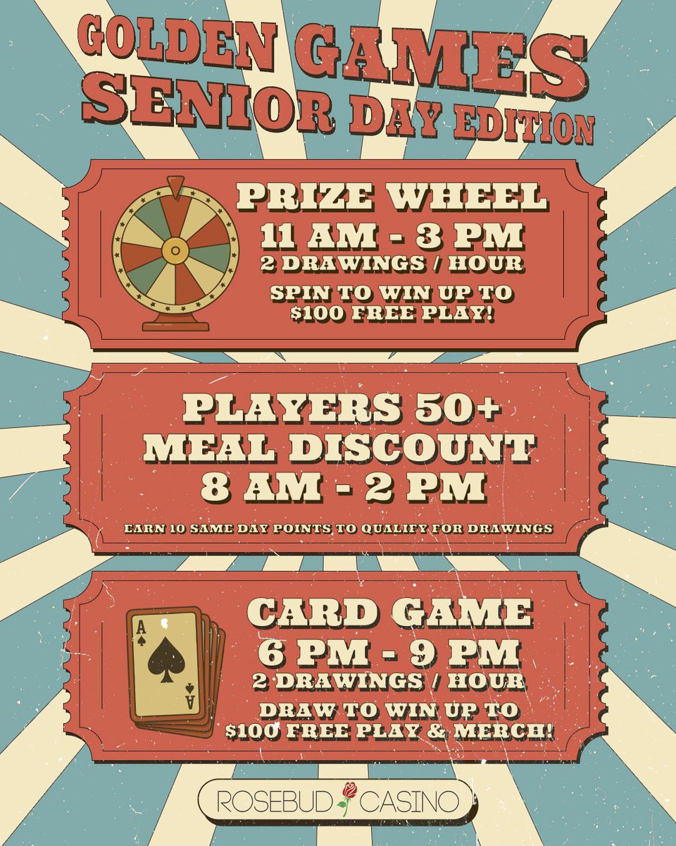 RosebudCasino's tweet image. 🎡🃏 Spin &amp;amp; Win Big! 🃏🎡
Wednesdays at the Rosebud Casino for seniors 50+! Meal discount 8 AM-2 PM. 11 AM-3 PM: Spin for up to $100 Free Play. 6 PM-9 PM: Play card game for up to $100 Free Play + merch! Earn 10 pts to qualify. #RosebudCasino #SeniorFun
