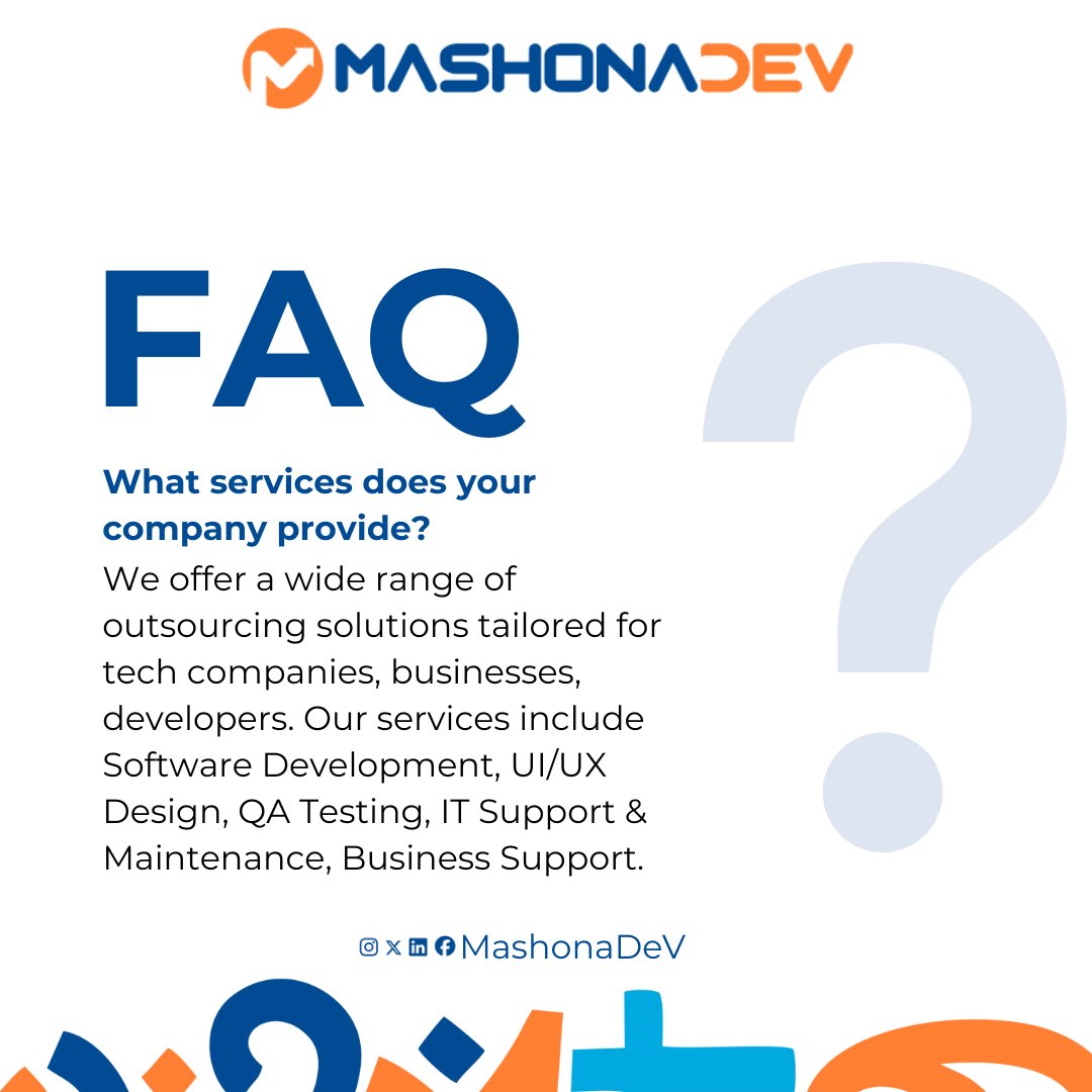 MashonaDev's tweet photo. FAQs You Need to Know About MashonaDev ?
We are an outsourcing company helping business, founders, developers and tech companies scale smarter and faster💻
Let’s make tech work better together.
Have more questions?💬 Drop them below!
#FAQ #TechOutsourcing #MashonaDev #buhari https://t.co/2ZaKq5Ci2h