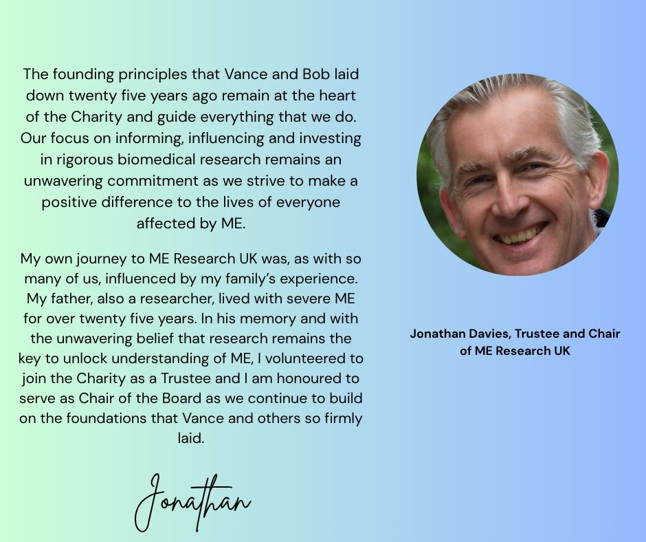 MEResearchUK's tweet image. Current Chair, Jonathan Davies, provides his views on the role of ME Research UK in 2025 and beyond, and reflects on what drew him to the charity.
