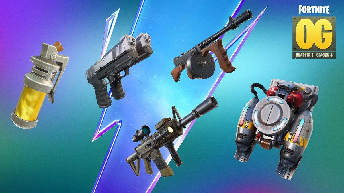 Fortnite's tweet image. Drum (Gun) roll please...🥁
Drum Gun, Dual Pistols, Bouncer, Stink Bomb, and Jetpack are now in the OG Season 4 loot pool!