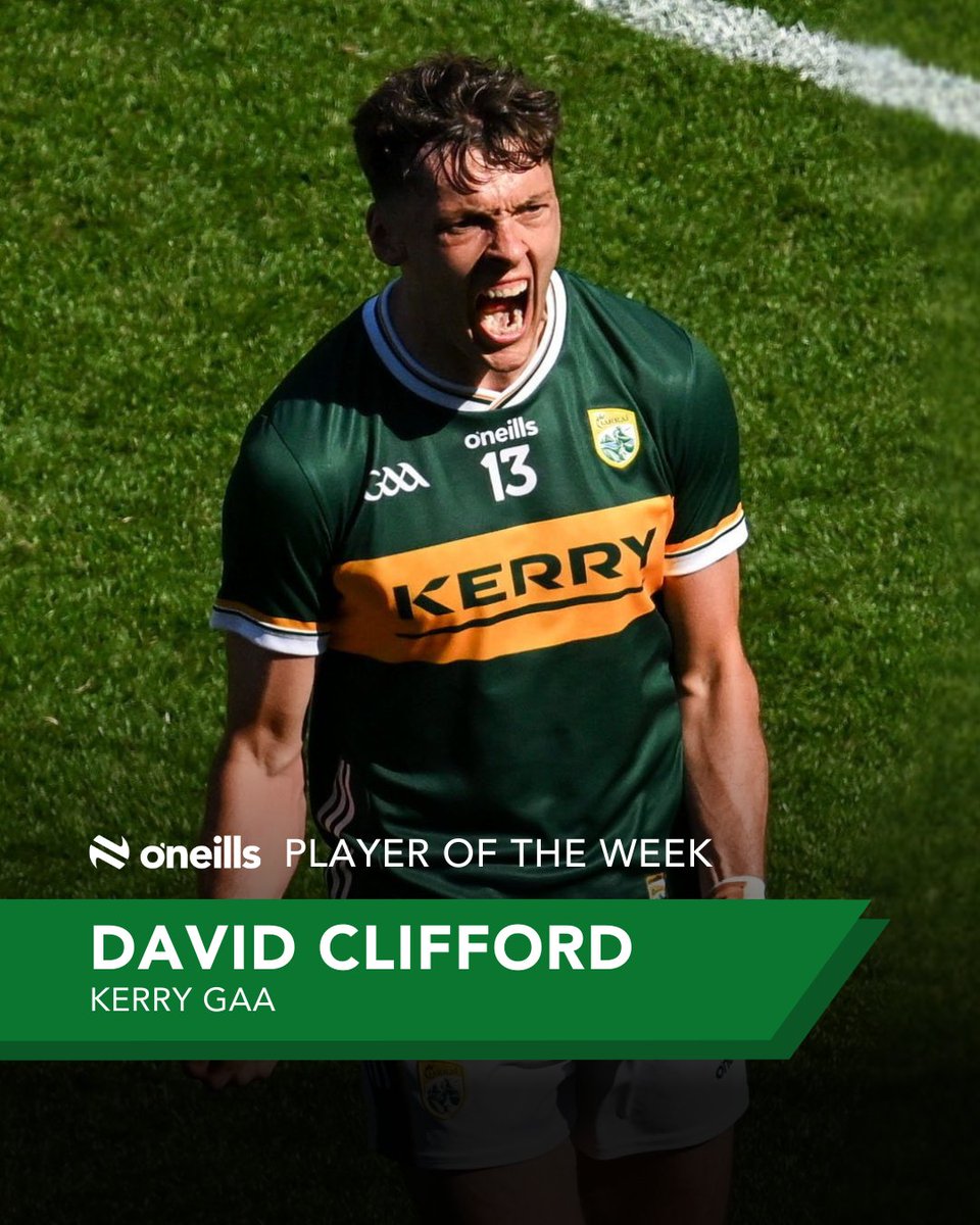 ONeills1918's tweet image. 🏆 Player of the Week 🏆
David Clifford was at his brilliant best as Kerry edged past Tyrone with a 1-20 to 0-17 win at Croke Park. 🔥
Scoring 1-9 to help his side reach the All Ireland Final!
A dominant display from the Kerry talisman. 💚💛