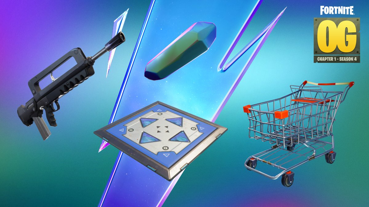 Fortnite's tweet image. Drum (Gun) roll please...🥁
Drum Gun, Dual Pistols, Bouncer, Stink Bomb, and Jetpack are now in the OG Season 4 loot pool!