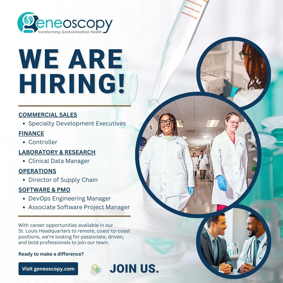 Join the Geneoscopy Team! 🎉 We're hiring passionate individuals to transform GI health with innovative diagnostics. Check out our exciting opportunities: bit.ly/GeneoscopyCare… 

#Geneoscopy #Careers #Hiring #LifeSciences #Biotech #GIHealth #JoinOurTeam