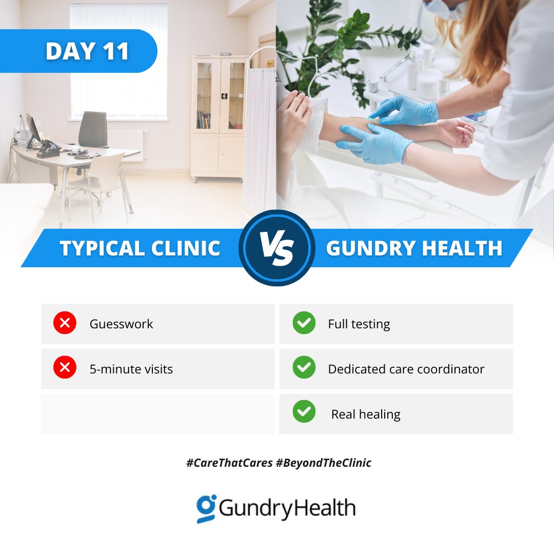 “Typical Clinic” vs “Gundry Health”

  ❌ Guesswork
  ❌ 5-minute visits
 ✅ Full testing
 ✅  Dedicated care coordinator
 ✅  Real healing
 #CareThatCares #BeyondTheClinic

Book Your Free Consultation - gundryhealth.com