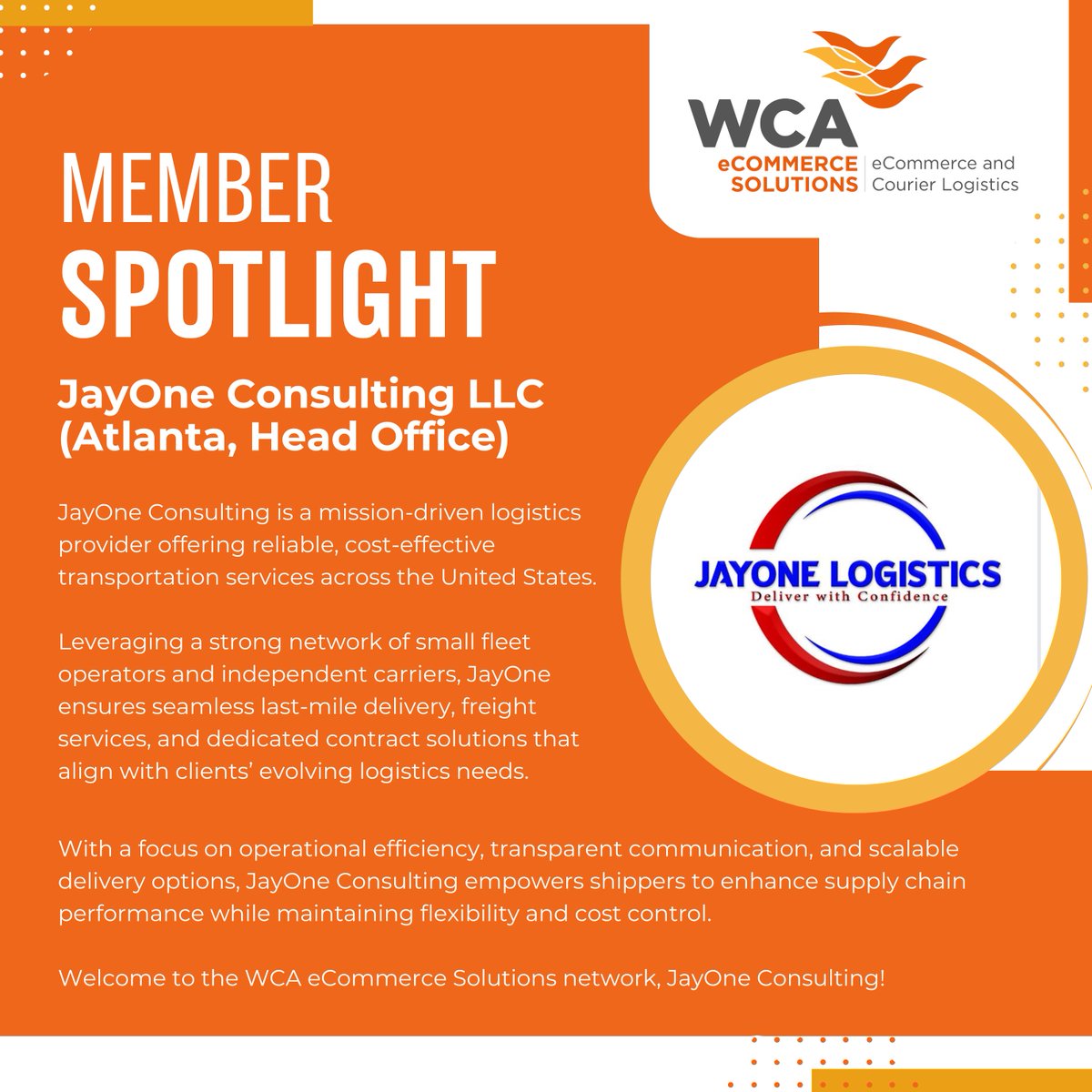 WCAeCommerce's tweet image. Introducing JayOne Consulting LLC to the WCA eCommerce Solutions Community! 

Delivering reliable last-mile, freight, and dedicated contract logistics across the US, 

📌 Read more: ow.ly/GPkK50WpZan

#WCAeCommerceSolutions