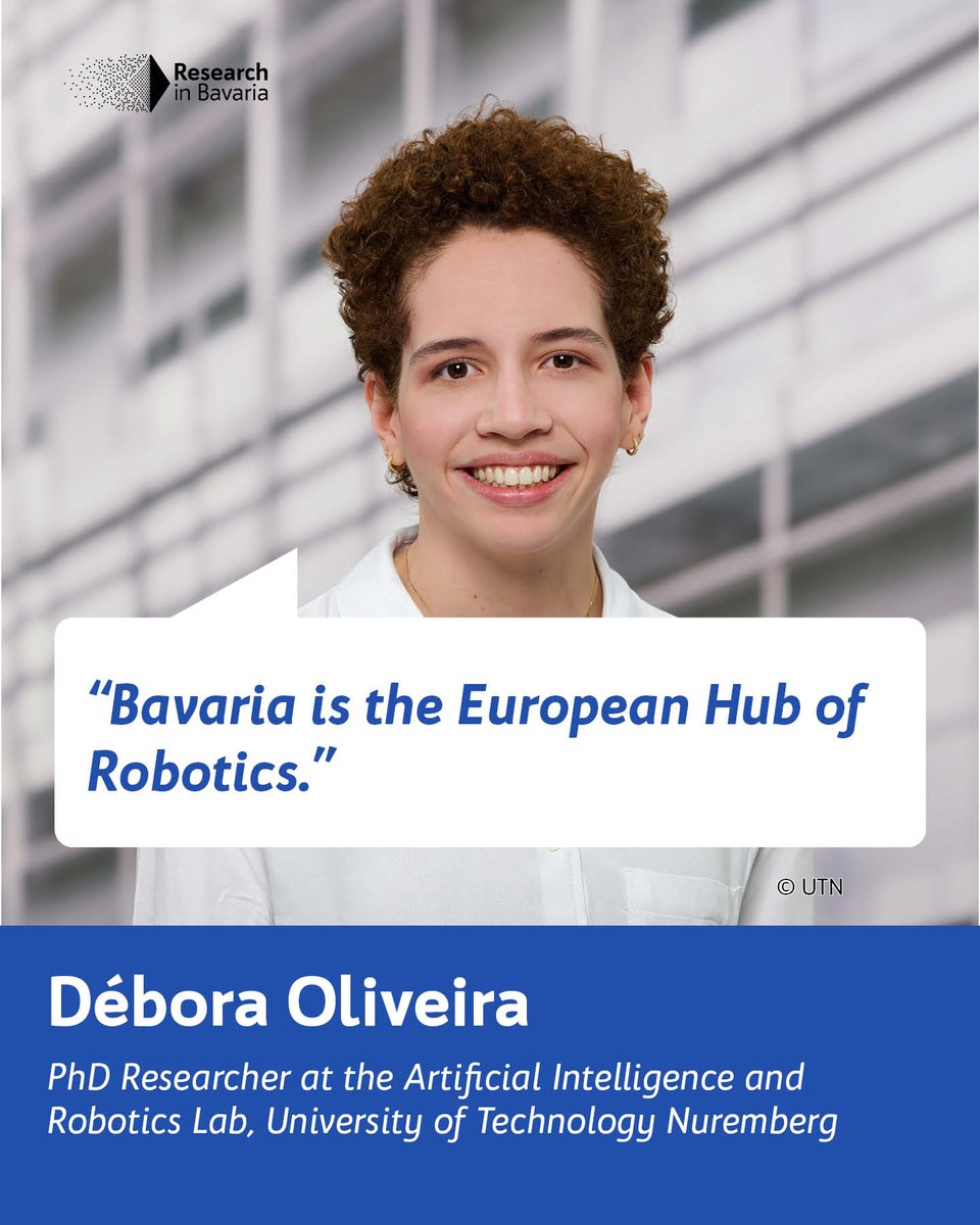 Research in Bavaria (@researchbavaria) on Twitter photo 🌍✈️ From Brazil to Bavaria: Débora Oliveira is a PhD at <a href="/utn_nuremberg/">Technische Universität Nürnberg</a> , researching AI-powered robot navigation. She found the perfect place or cutting-edge robotics in Bavaria. Her goal: shaping the future of intelligent robots.
#ResearchInBavaria #WomenInSTEM #Robotics 🌍✈️ From Brazil to Bavaria: Débora Oliveira is a PhD at <a href="/utn_nuremberg/">Technische Universität Nürnberg</a> , researching AI-powered robot navigation. She found the perfect place or cutting-edge robotics in Bavaria. Her goal: shaping the future of intelligent robots.
#ResearchInBavaria #WomenInSTEM #Robotics