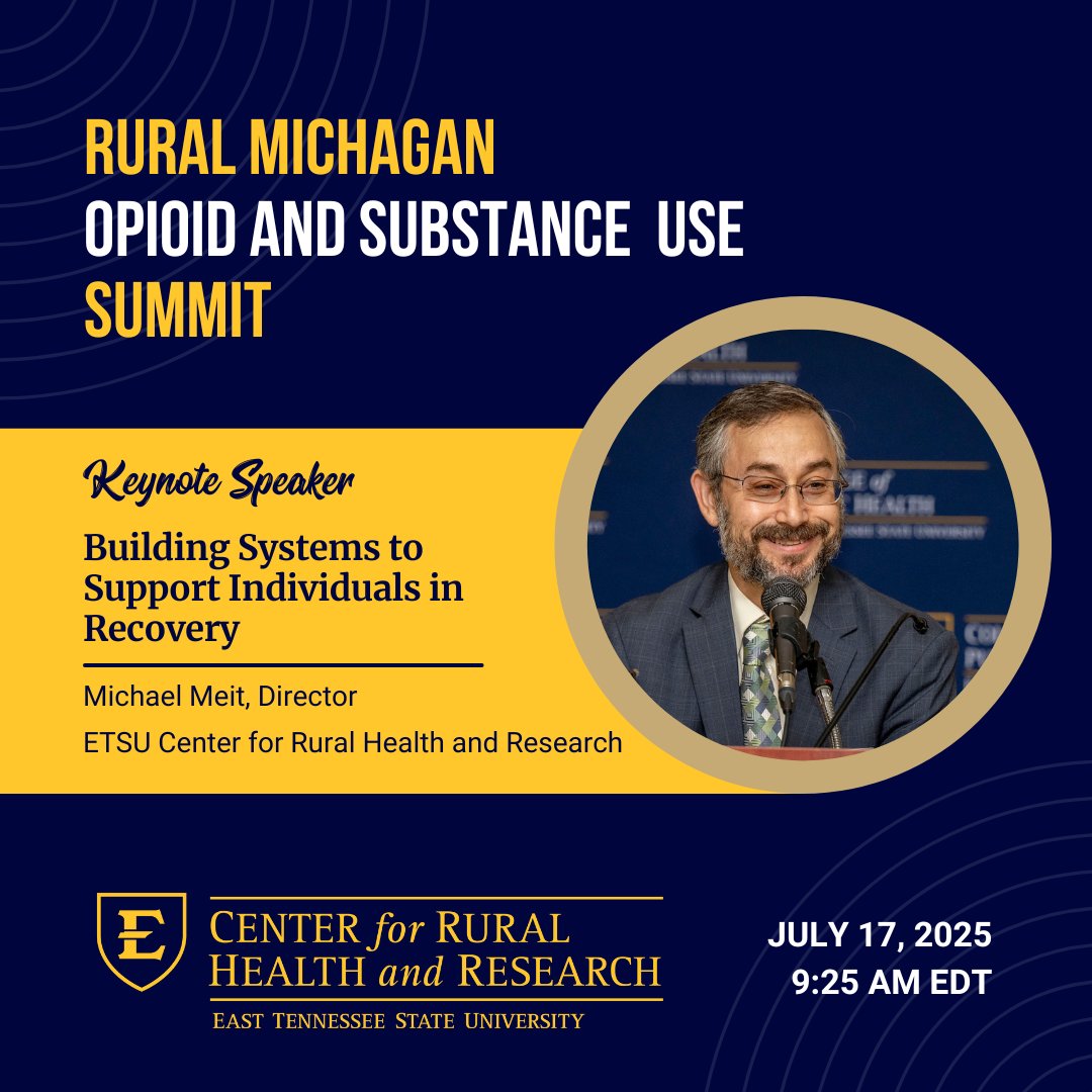ETSUCRHR Director Michael Meit will deliver the keynote address at the Rural Michigan Opioid and Substance Use Summit this Thursday. He’ll share insights on “Building Systems to Support Individuals in Recovery.”

#RuralHealth #OpioidResponse #RecoveryCommunity #MiRuralHealth