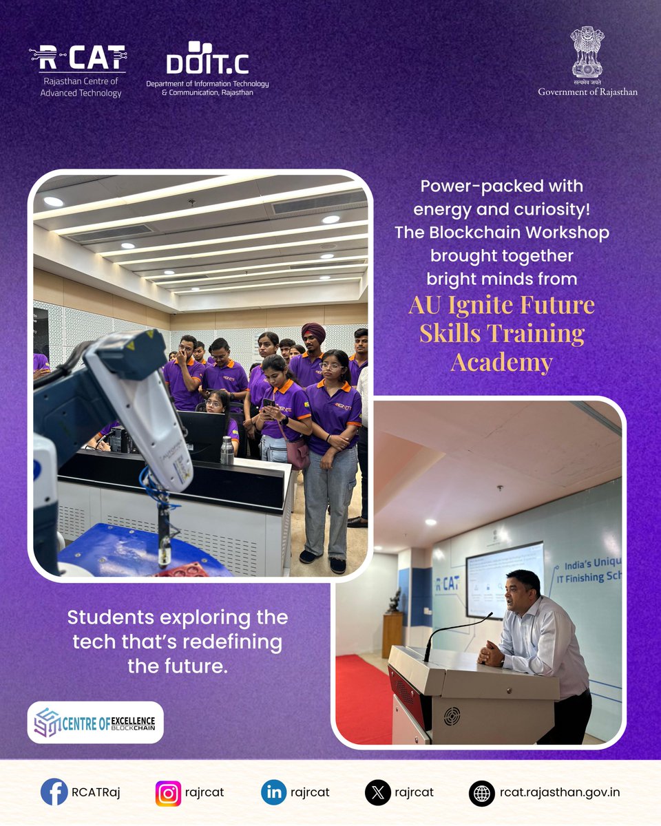 rajrcat's tweet image. RCAT hosted the brilliant minds from AU Ignite Future Skills Training Academy for an exciting Tech Workshop on Blockchain! 💻🔗
A day filled with curiosity, innovation, and future-ready learning- all under one roof. 🌟

#RCAT #AUIgnite #BlockchainWorkshop #EmergingTech