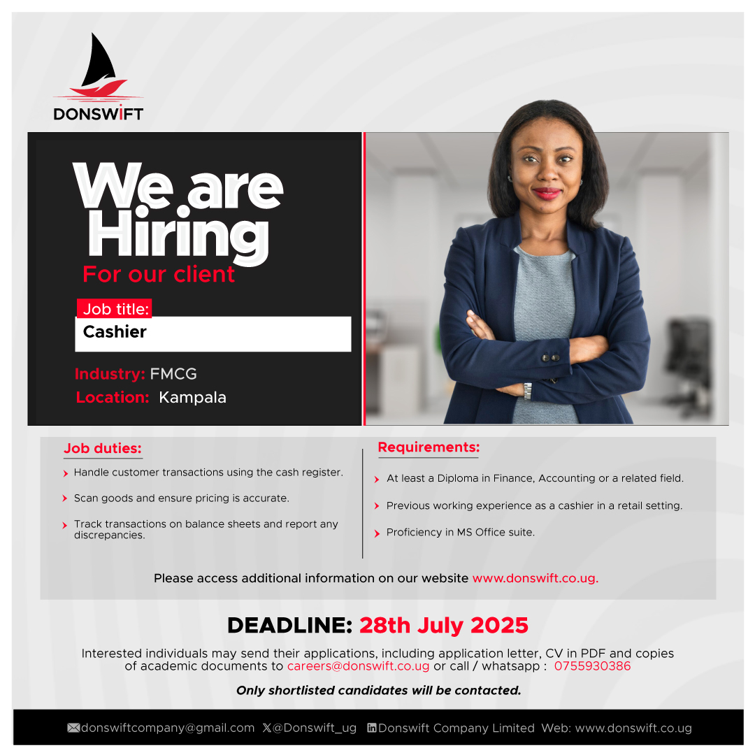 Donswift_ug's tweet image. Got a knack for numbers?
Apply Now: careers@donswift.co.ug
Deadline: 28th July 2025
For more info: donswift.co.ug/jobs/we-are-hi…
#RetailJobs