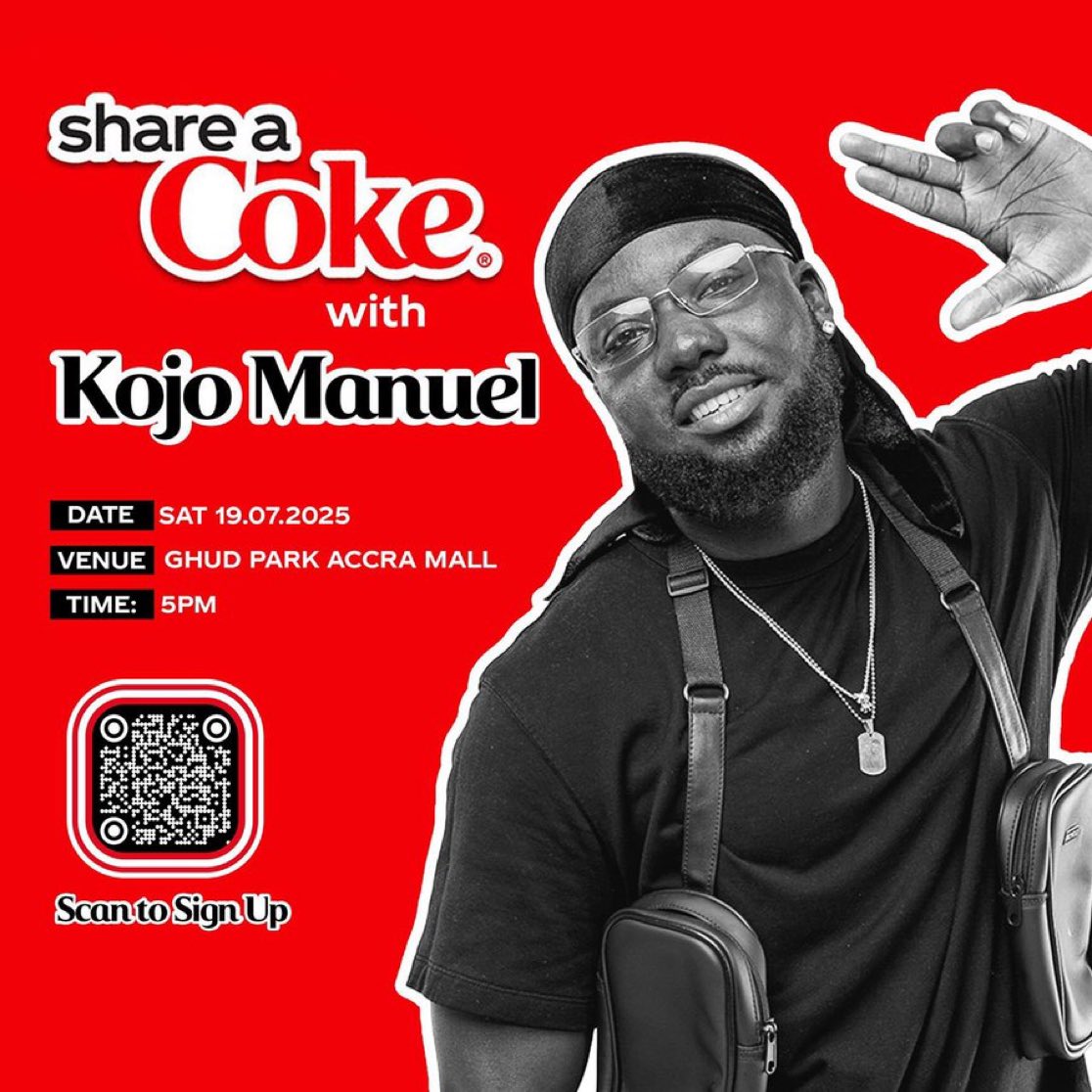 We dey Share Coke with family and friends this Saturday for Ghud Park—where all the good vibes go drop!
Pull up and Share A Coke with Blacko on 19.07.2025.

Sign up here: bit.ly/4lEHDhd
#ShareACoke