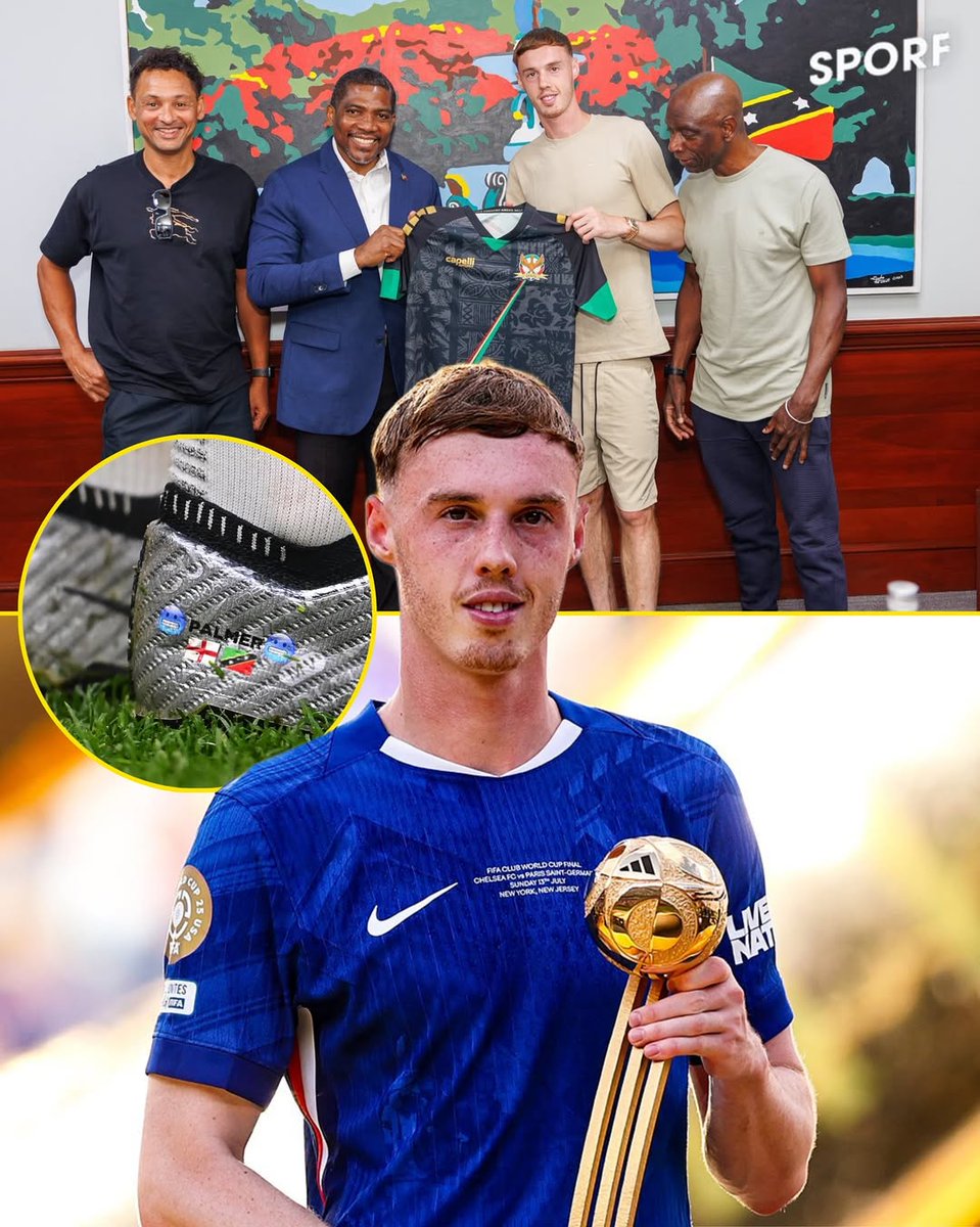 Sporf's tweet image. Cole Palmer visited St. Kitts & Nevis 🇰🇳 after winning the Club World Cup, honoured with a national jersey and Caribbean art. He proudly wears both St. Kitts and England flags on his boots ❤️