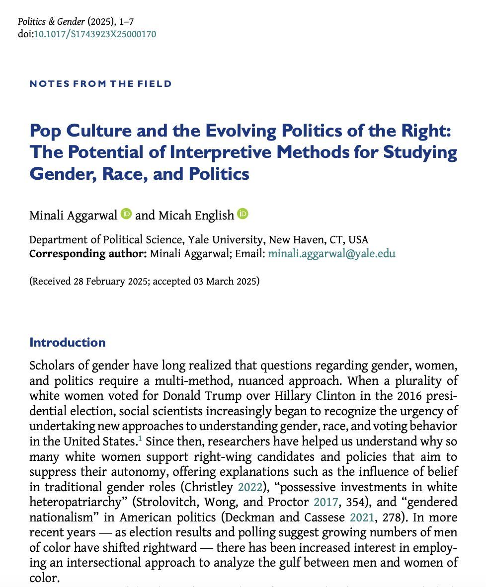 PoliticsGenderJ's tweet image. 📢New #PAG21 Notes from the Field 📝
In "Pop Culture and the Evolving Politics of the Right", Minali Aggarwal & @micahanglais show how interpretive analysis of pop culture allows for a deeper understanding of gender and race in right-wing politics.
buff.ly/z182Ghf
