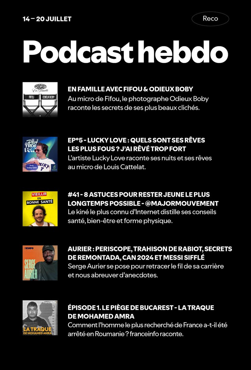 Spotify France (@spotifyfrance) on Twitter photo On écoute quoi cette semaine comme podcasts ?
📸 <a href="/fifoudezign/">Fifou</a> 
💭 <a href="/LuckyLoveIcon/">LUCKY LOVE</a> 
💪<a href="/MajorMouvement/">Major MOUVEMENT</a> 
⚽ @Kampo_media 
🎤 <a href="/franceinfo/">franceinfo</a> 
À retrouver sur Spotify ➡️ open.spotify.com/intl-fr/ On écoute quoi cette semaine comme podcasts ?
📸 <a href="/fifoudezign/">Fifou</a> 
💭 <a href="/LuckyLoveIcon/">LUCKY LOVE</a> 
💪<a href="/MajorMouvement/">Major MOUVEMENT</a> 
⚽ @Kampo_media 
🎤 <a href="/franceinfo/">franceinfo</a> 
À retrouver sur Spotify ➡️ open.spotify.com/intl-fr/