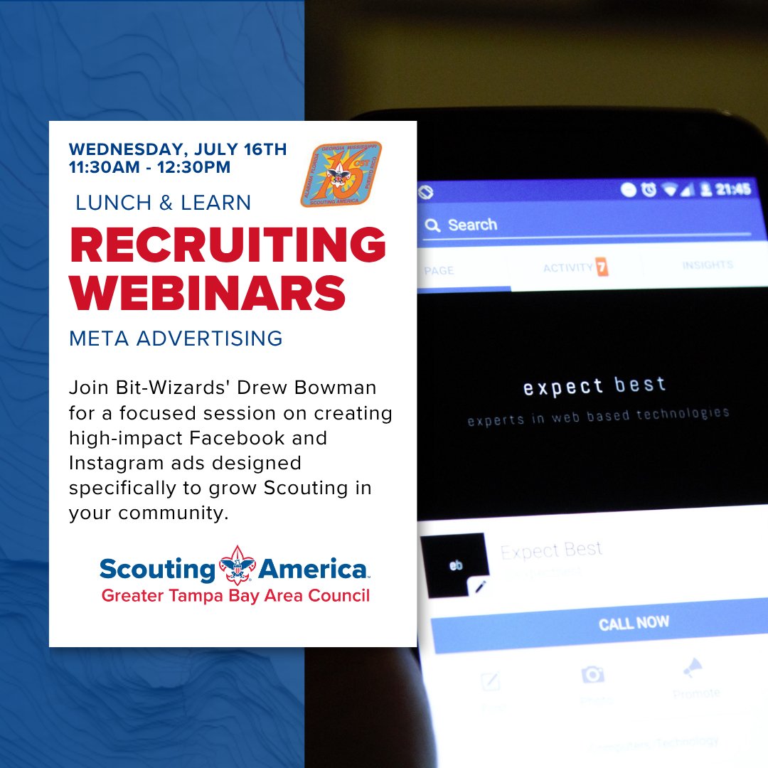 Join Bit-Wizards' Drew Bowman for a focused session on creating high-impact Facebook and Instagram ads designed specifically to grow Scouting in your community. 

TODAY, July 16th | 11:30 AM–12:30 PM Eastern
Join here:  loom.ly/a0NRh_M   

(Recording available afterward.)