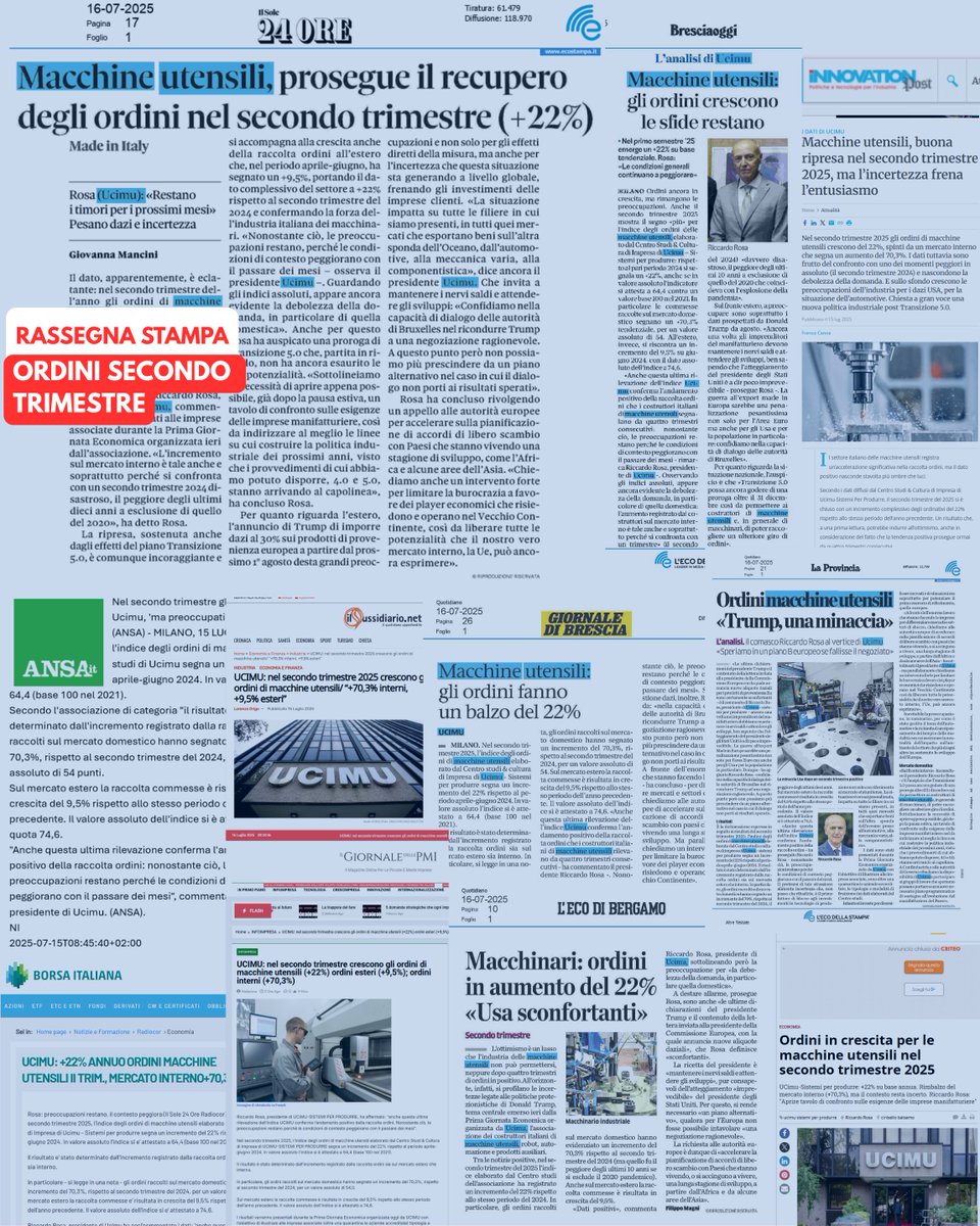 🗞️📰 𝗥𝗔𝗦𝗦𝗘𝗚𝗡𝗔 𝗦𝗧𝗔𝗠𝗣𝗔 𝗨𝗖𝗜𝗠𝗨 🗞️📰

🔎 Tutti i migliori articoli pubblicati sulla stampa generalista relativi agli ordini di macchine utensili nel secondo trimestre 2025 li potete leggere integralmente qui: ucimu.it/press/rassegna…
.
.
#rassgna #rassegnastampa