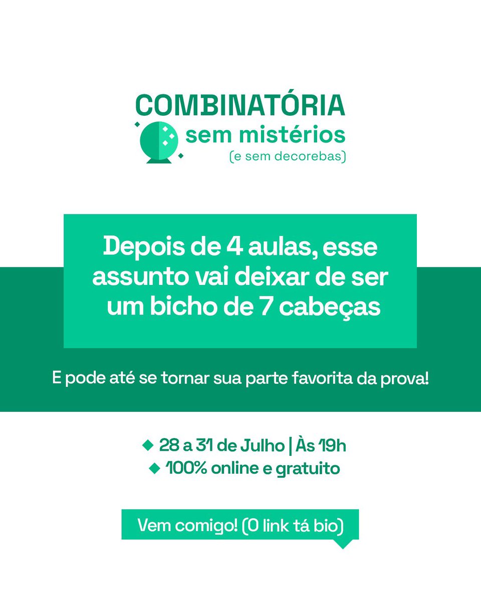 matemagicando's tweet image. NOVIDADE NA ÁREA! ✨✨✨

Você vê uma questão de combinatória e trava? 😬

lançamos um projeto para acabar de vez com esse medo: COMBINATÓRIA SEM MISTÉRIOS 🔮

100% on-line e gratuito

INSCREVA-SE:
cursos.matemagicando.com.br/pt/combinatori…