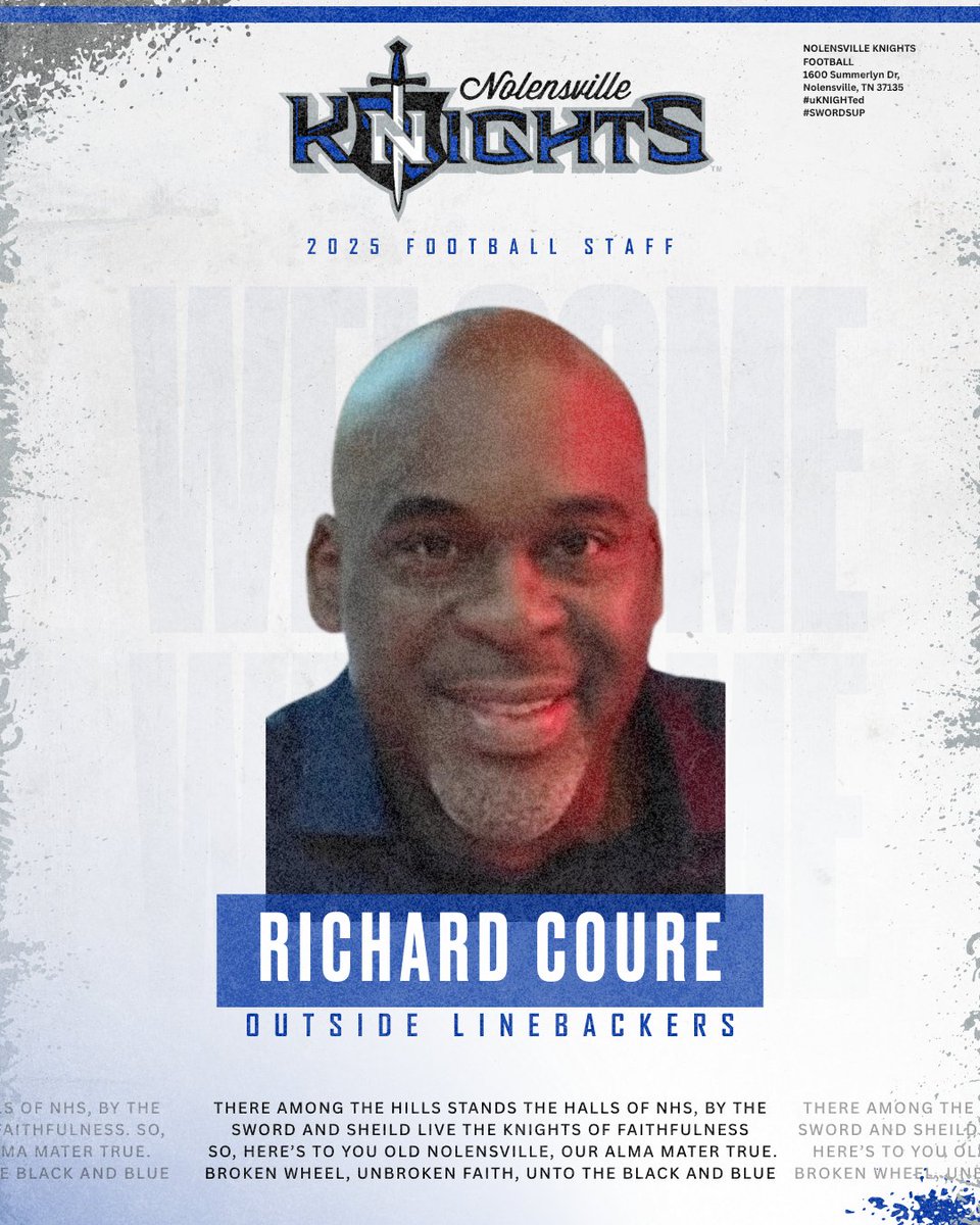 wcsNHSFootball's tweet image. Coach Coure brings lots of experience both as a player and coach to Nolensville Football. His positive energy has quickly made a tremendous impact to our practices. We’re excited for him to join the program in the community where he and his family live.

#uKnighted #SwordsUp