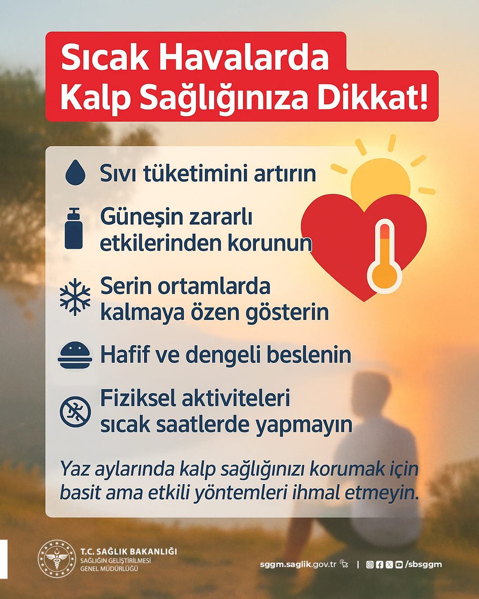 Sağlığın Geliştirilmesi (@sbsggm) on Twitter photo Kalp hastaları için yaz ayları risk oluşturabilir.
Sıcak havalarda artan sıvı ve elektrolit kaybı, tansiyon düşüklüğü ve ritim bozuklukları kalp krizini tetikleyebilir. Bu nedenle yeterli sıvı alımı oldukça önemlidir.
Sağlığınız için yazın bol su için ve serin kalmaya özen Kalp hastaları için yaz ayları risk oluşturabilir.
Sıcak havalarda artan sıvı ve elektrolit kaybı, tansiyon düşüklüğü ve ritim bozuklukları kalp krizini tetikleyebilir. Bu nedenle yeterli sıvı alımı oldukça önemlidir.
Sağlığınız için yazın bol su için ve serin kalmaya özen