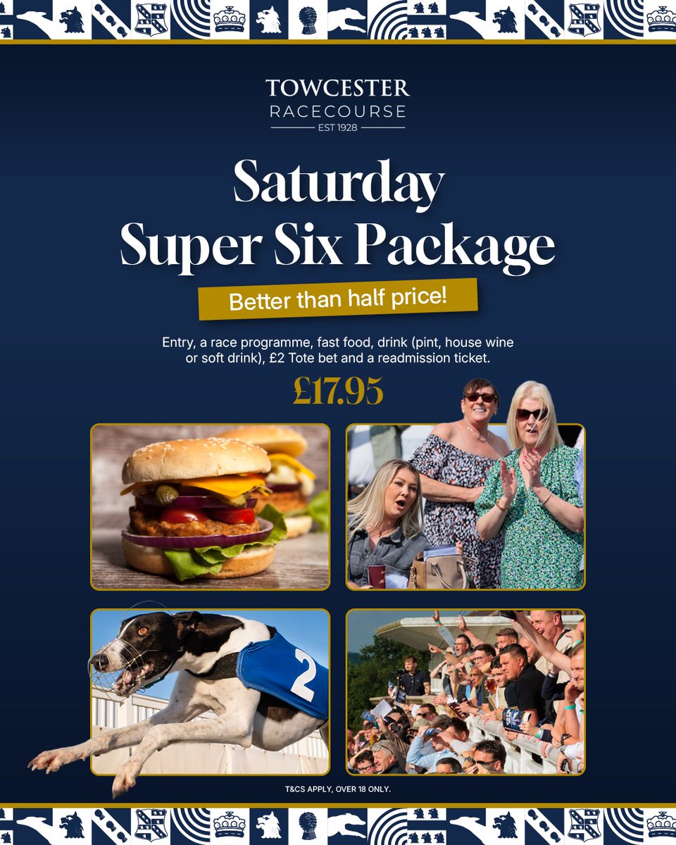 TowcesterRaces's tweet image. 🏁 SATURDAY NIGHTS ARE BACK! 🏁
The lights are on, the greyhounds are ready, and we've got the deal of the century! Saturday Super Six Package - everything you need for an epic night out for just £17.95 (worth £38.50!) 🍔🍺🎫
Entry • Food • Drink • £2 Bet • Programme •…