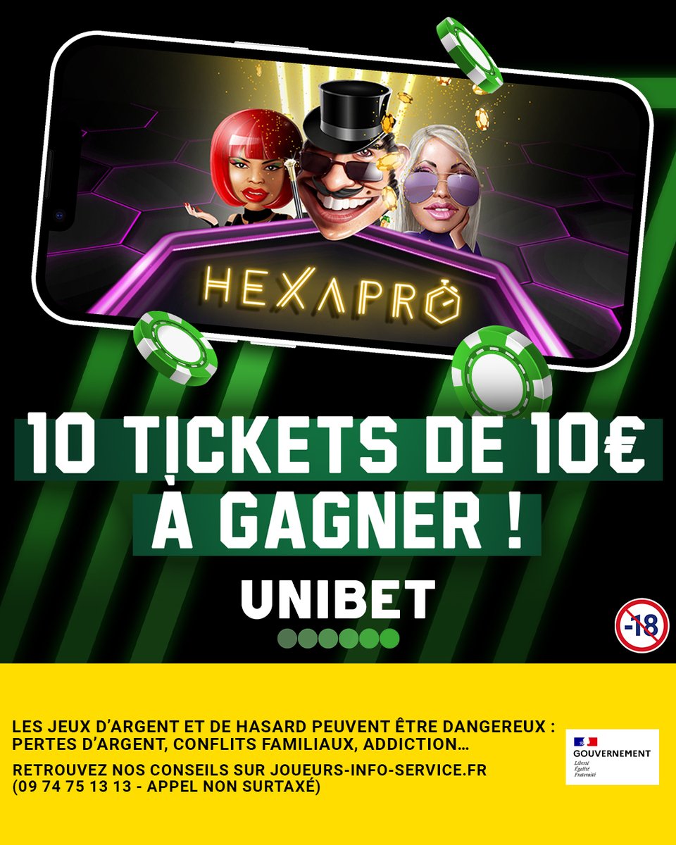 Unibet France 🔞 (@unibetfrance) on Twitter photo ⚡️ Les parties HexaPro sont accessibles depuis l'accueil de l'appli, on offre 10 tickets de 10€ pour tester ça ! 🎁
🫵 RT + Follow <a href="/UnibetFrance/">Unibet France 🔞</a> + ton pseudo
🍀 TAS demain ⚡️ Les parties HexaPro sont accessibles depuis l'accueil de l'appli, on offre 10 tickets de 10€ pour tester ça ! 🎁
🫵 RT + Follow <a href="/UnibetFrance/">Unibet France 🔞</a> + ton pseudo
🍀 TAS demain