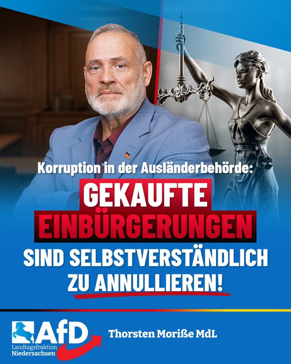 AfDFraktionNDS's tweet image. ++ Der deutsche Pass ist kein Scherzartikel! ++
Im Landkreis Lüchow-Dannenberg hat ein Mitarbeiter der Ausländerbehörde Aufenthaltstitel gegen Geld verkauft. Der Angeklagte und sein Komplize verdienten damit knapp 154.000 Euro, so der NDR.
Dort heißt es: „Nach Paragraf 35 des…