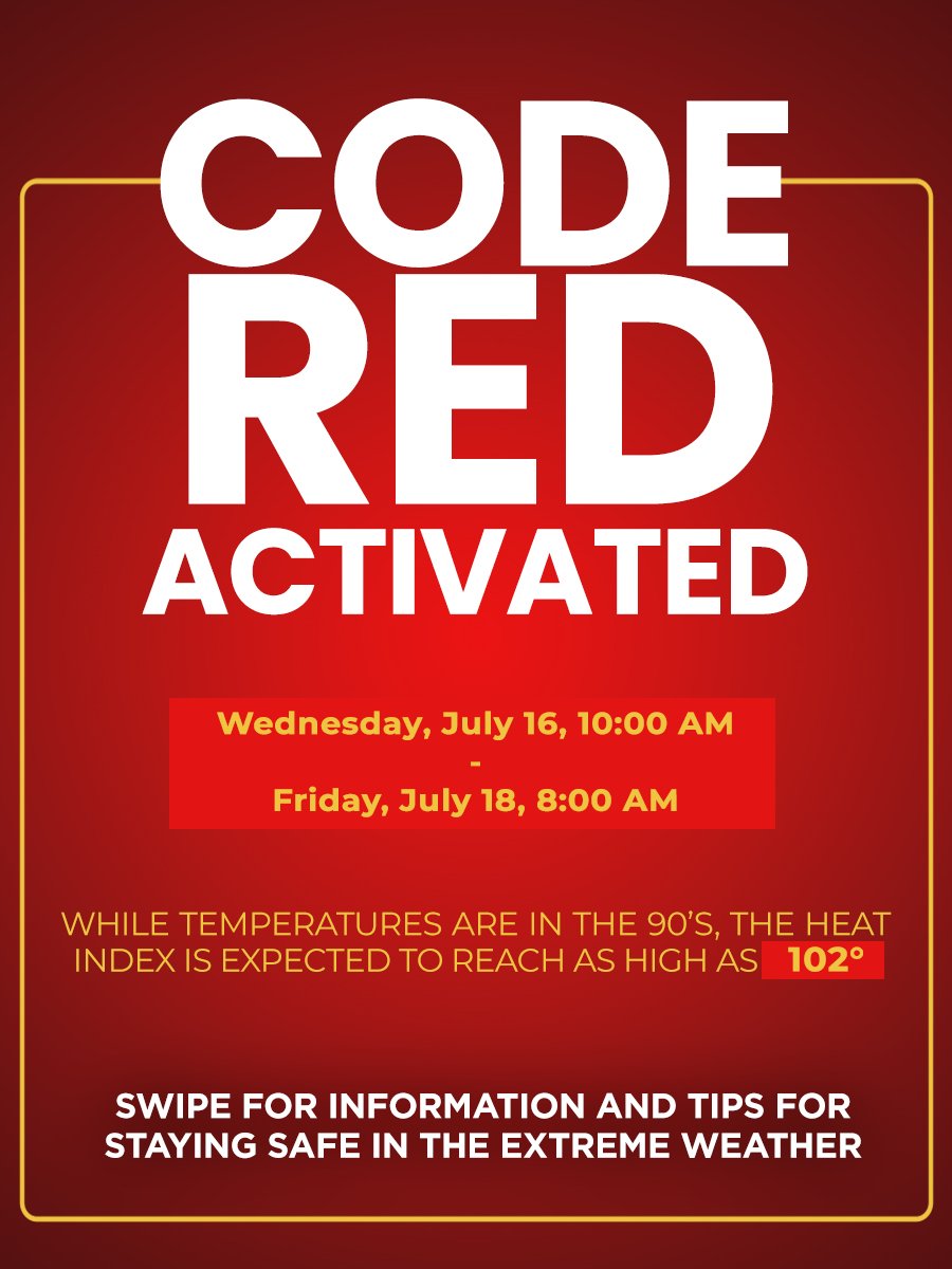 CityofNewarkNJ's tweet image. NEWARK ACTIVATES CODE RED FOR WEDNESDAY, JULY 15, THROUGH FRIDAY, JULY 18, AS TEMPERATURES RISE INTO THE LOW 90s WITH A HEAT INDEX AS HIGH OF 102°F